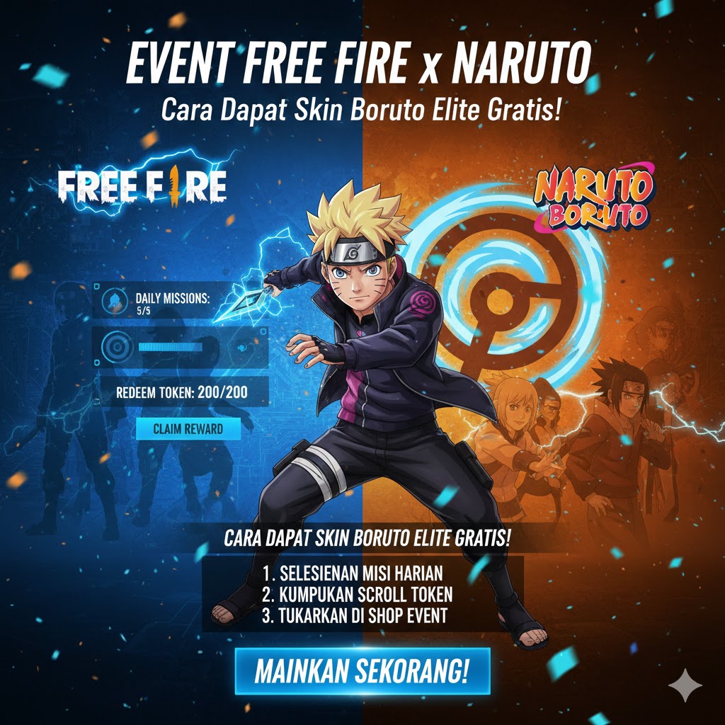 buatkan gambar Event Free Fire x Naruto: Cara Dapat Skin Boruto Elite Gratis!